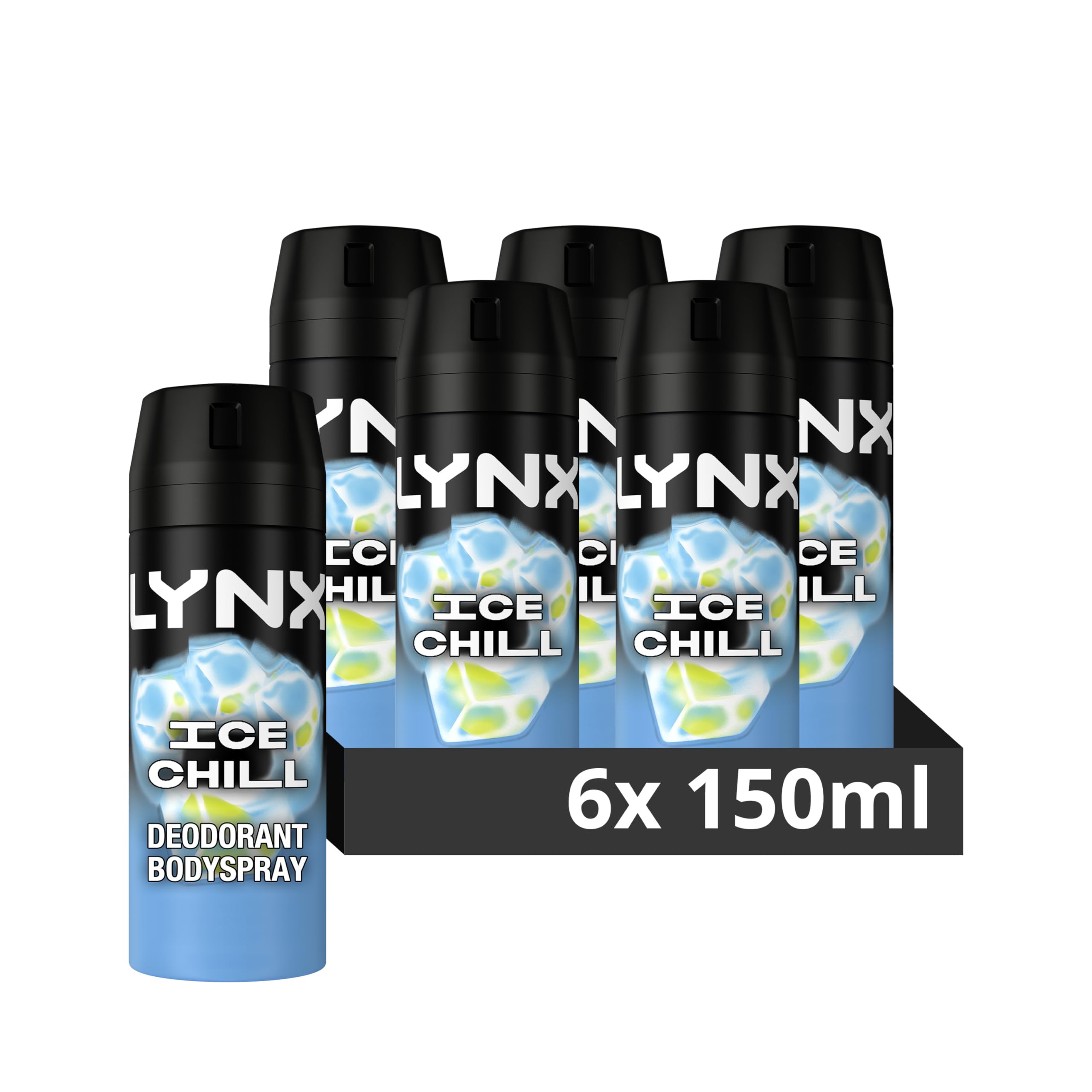 Lynx Ice Chill Aerosol Body Spray Men's Deodorant Spray with an iced mint & lemon scent for 48 hours of odour-busting, high definition fragrance 6x 150 ml