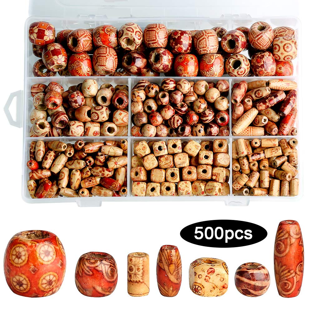 500pcs African Beads for Hair - Mixed Painted Drum Wood Spacer, Long Barrel, Natural Round Wooden Loose Beads for DIY Macrame Crafts Bracelet Necklace Jewellery Making (7 Shapes)