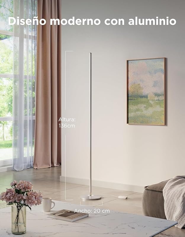 Candeeiro de Pé LED, Lâmpada Regulável RGBIC 2700-6500K, Cor Prateada