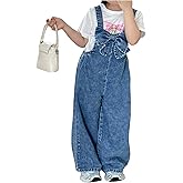 RoseSeek Toddler Girl's Bowknot Denim Overalls Sleeveless Wide Leg Jumpsuit Jeans Pants