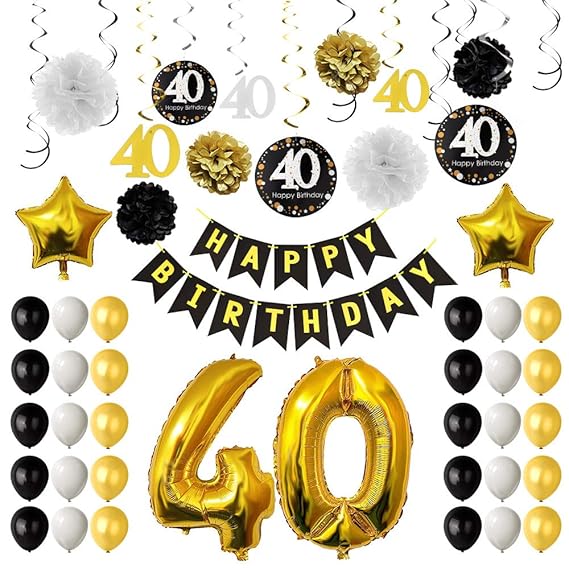 TUPARKA 40. Geburtstagsfeier-Dekorationen, 40. Geburtstags-Ballone, Papierpom-Poms, hängende Strudel, Goldfolien-Ballone Glüc