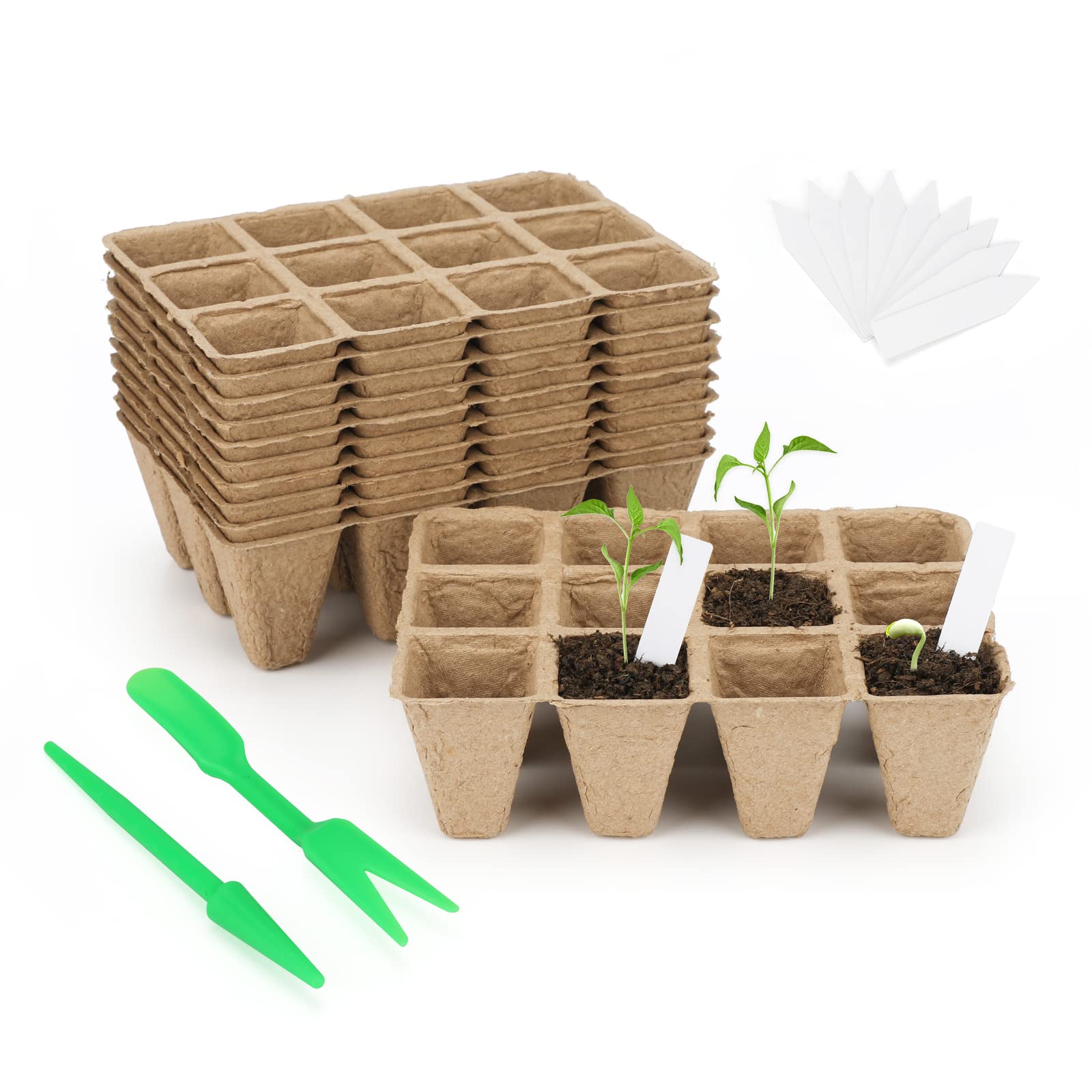 KINGLAKE 10 Pack 120 Cells Seed Trays Seedling Pots Biodegradable Plant Pots Fibre Seed Pots, Plant Germination Module Trays Kits with 100 Plant Labels, Transplanting Widger and Dibber
