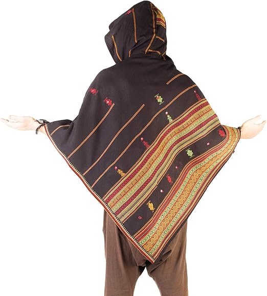 Amazon 大型フードカシミヤウール素朴な部族のパターン祭ジプシーajjaya冬暖かいプリミティブノマディックメキシコのポケット付きメンズブラック ポンチョ メンズ 通販