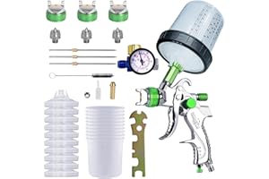 ROIKETU HVLP Paint Sprayer with 10pcs 600ML Mixing Quick Cup,Spray Paint Gun Set Contain 3 Nozzles 1.4/1.7/2mm &Pressure Gauge,Sprayer Gun for Car Painting,Furniture Surface Spraying (Green Set)
