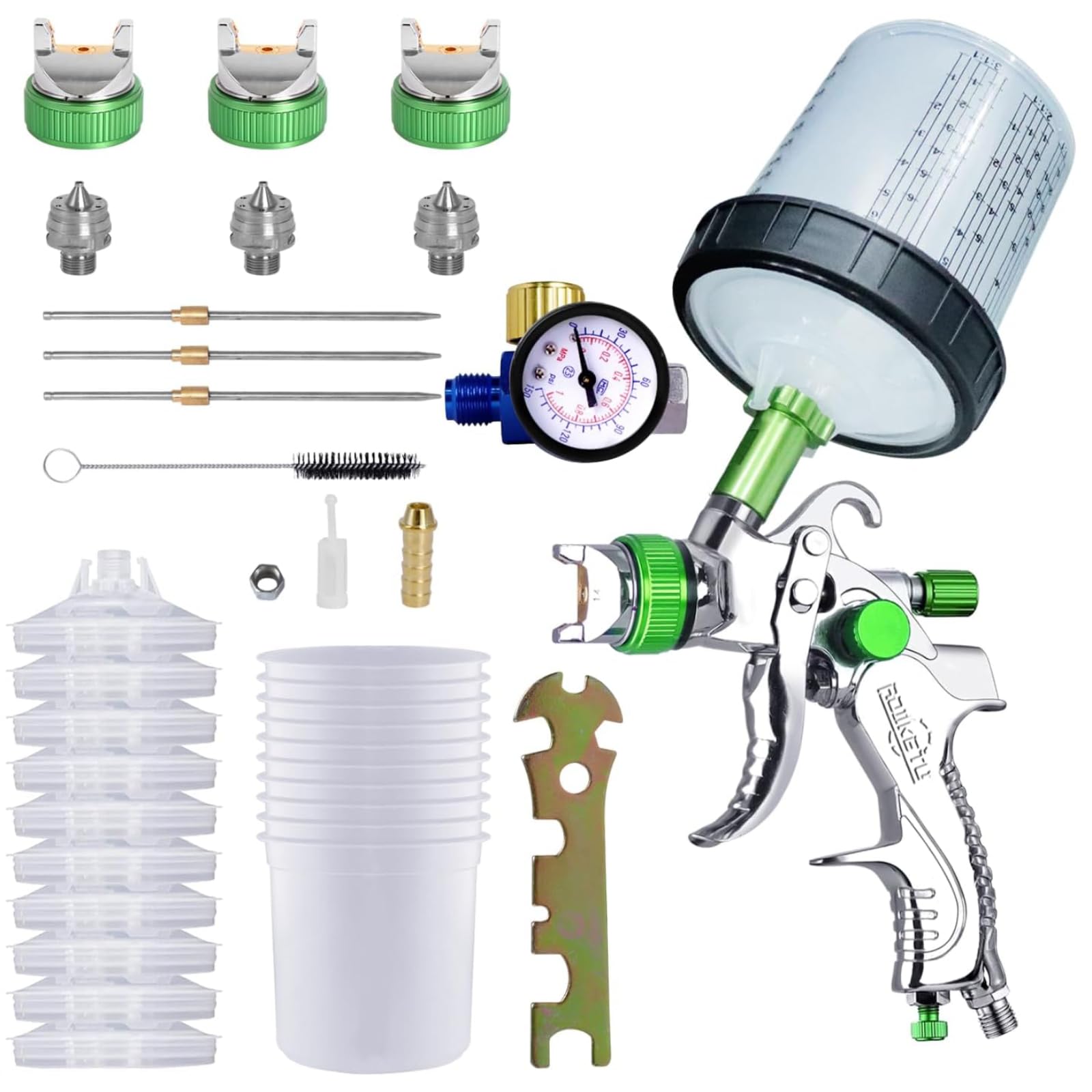 Photo 1 of HVLP Paint Sprayer with 10pcs 600ML Mixing Quick Cup,Spray Paint Gun Set Contain 3 Nozzles 1.4/1.7/2mm &Pressure Gauge,Sprayer Gun for Car Painting,Furniture Surface Spraying (Green Set)