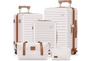 SHOWKOO Luggage Sets 3 Piece Hardside Expandable Suitcase with Double Spinner Wheels Tsa Lock, (Beige White, 5 piece set)