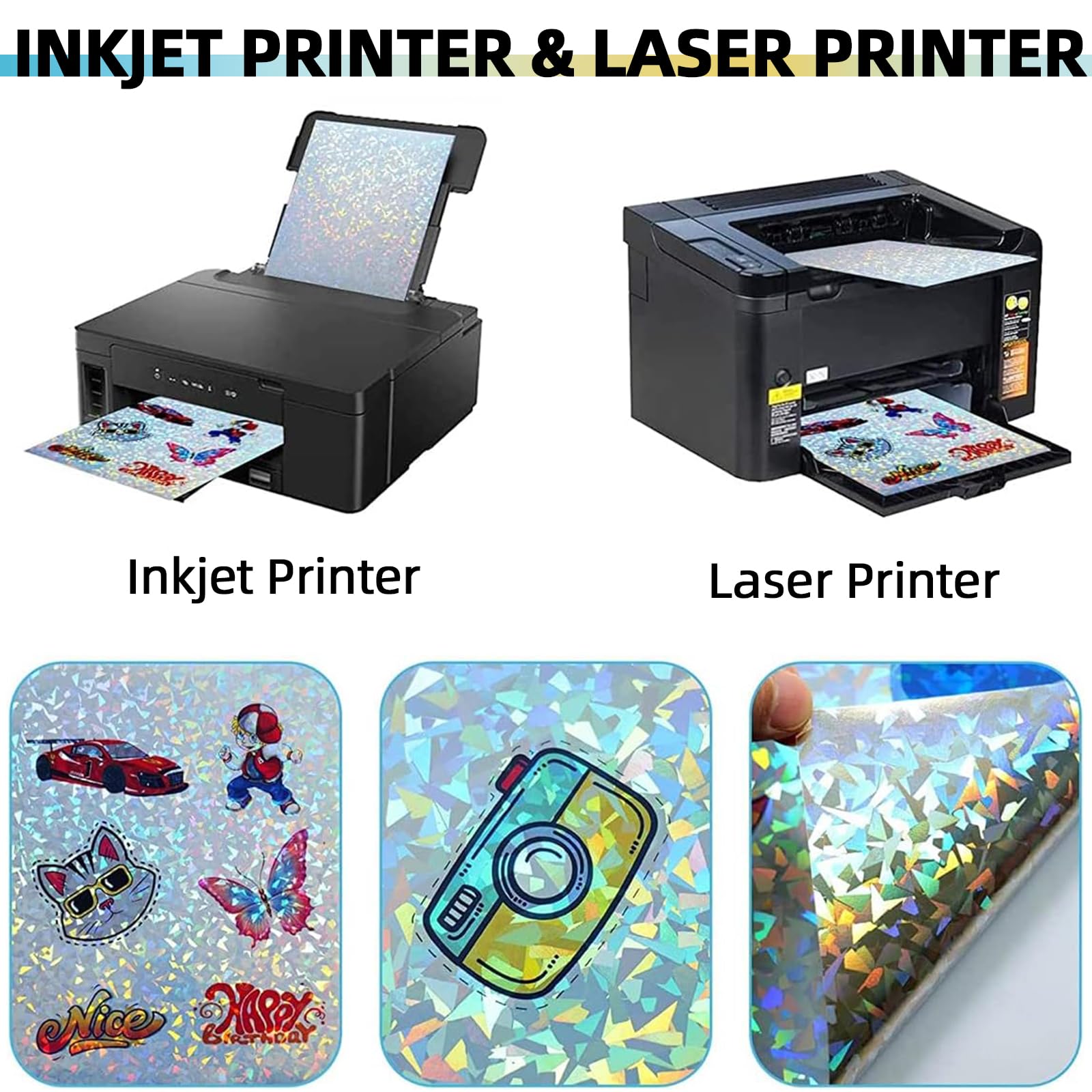 TOJUNE Bedruckbares Vinyl-Aufkleberpapier für Tintenstrahl- und Laserdrucker, A4, 21 x 29.7 cm, Wasserfest, Beliebiger Schnitt, Selbstklebende Rückseite (20 Stück) (Farbige Diamantstruktur) 4