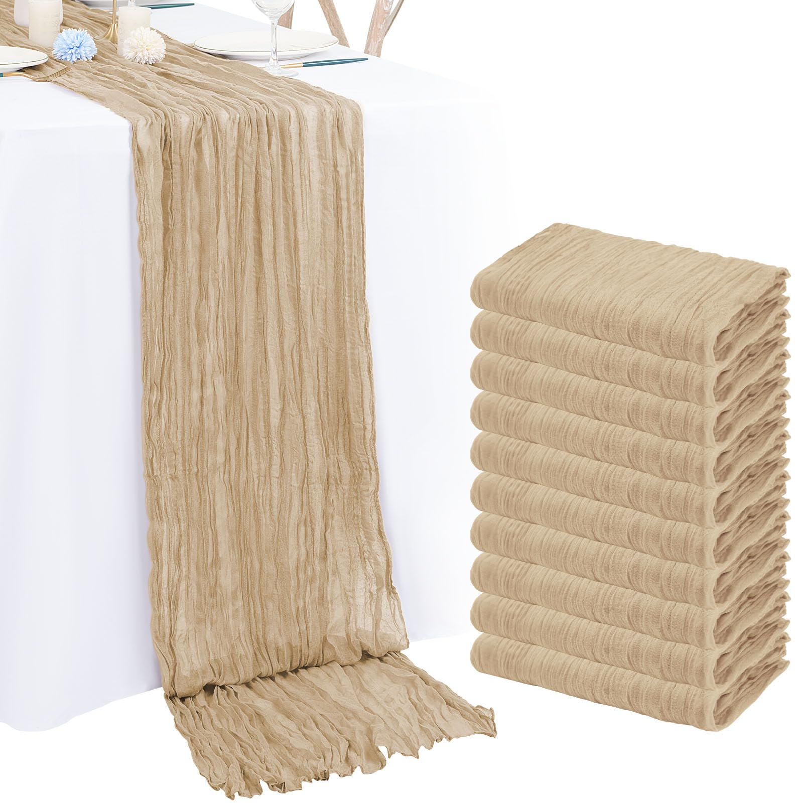 Photo 1 of 10 Pack Beige Cheesecloth Table Runner 10FT Boho Romantic Gauze Table Runner 20 x 120 Inch Rustic Sheer Runner for Wedding Party Bridal Shower Thanksgiving Christmas Decoration
