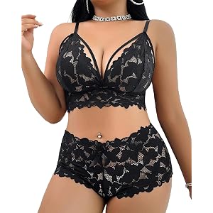 ZGQNBELLE Plus Size Sexy Lingerie Set for Women Bra and High Waist Panty | Deep V Neck Strappy Floral Lace Bralette 1XL-4XL L