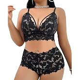 ZGQNBELLE Plus Size Sexy Lingerie Set for Women Bra and High Waist Panty | Deep V Neck Strappy Floral Lace Bralette 1XL-4XL Lady Nightwear 2 Piece Adjustable Straps Wireless Underwear