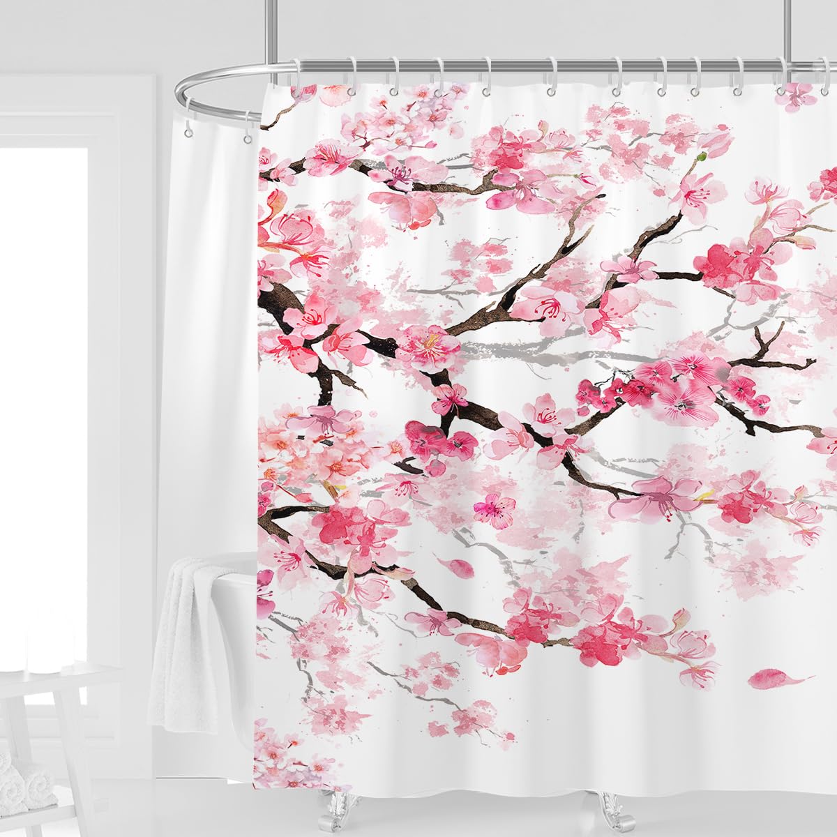 Photo 1 of Kikiry Extra Wide Shower Curtain All Around Clawfoot Tub 180''W x 70''L Pink Cherry Flowers Plum Sakura Blossom Japanese Asian Style Polyester Fabric 32 Pack Plastic Hooks