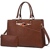 LOVEVOOK Laptop Tote Bag for Women, Leather Business Office Work Bag Computer Briefcase with Small Clutch fit for 15.6 Inch Laptop Retro Brown