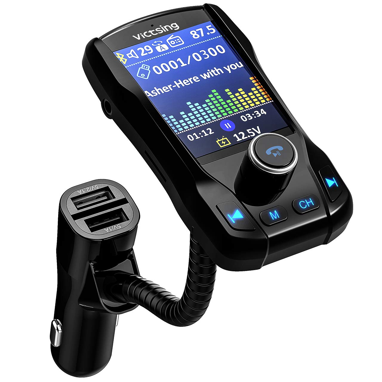 VicTsing (Upgraded Version) Bluetooth FM Transmitter for Car, 1.8 Color Screen Wireless Radio Transmitter Adapter with EQ Mode, Power Off, 3 USB Ports, 4 Music Playing, Hands-Free Calls, AUX Input