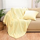 Bnuitland Light Yellow Flannel Throw (50X71 inches) with Pillow Cover(18×18"),300GSM Super Soft Fleece Stripe Pattern Sofa Blanket, Lightweight Cozy Bed Throw for Home Decor All Season