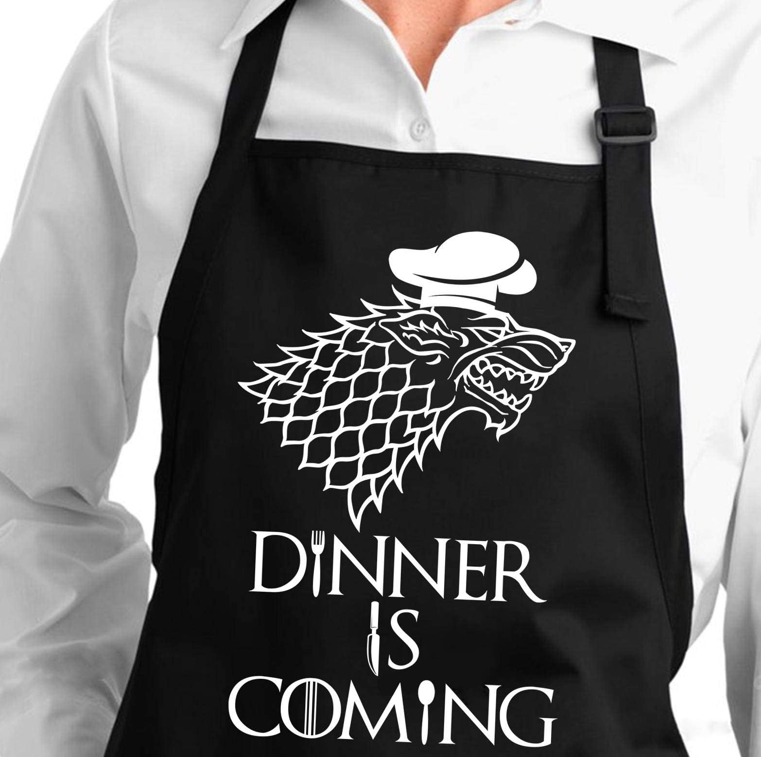 Dinner is Coming Grill Aprons Kitchen Chef Bib Men Women Professional for BBQ Baking Cooking, 100% Cotton, Adjustable Strap, 2 Pockets, Black
