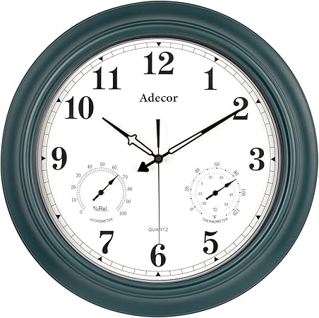 Amazon Com Adecor Waterproof Outdoor Clock Metal Wall Clocks With Thermometer Hygrometer Combo Silent Battery Operated Large Clock Easy Read For Garden Patio Pool Fence Bathroom 18 Inch Pine Green Garden Outdoor