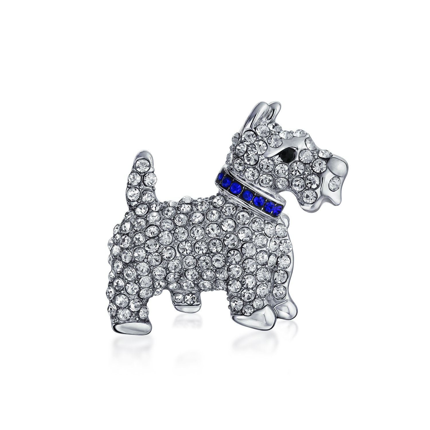 Large Statement Clear Pave Westie Scottie Terri Dog Pet Animal Scarf Brooch Pin For Women Teen Blue Crystal Collar Silver Tone Rhodium Plated 1.3 Inch