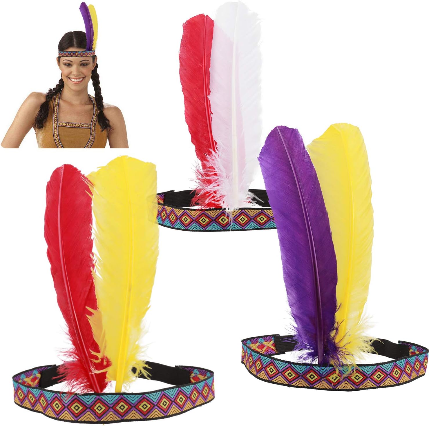 HOWAF 3 Pieces Indian Headband Headdress Native American Feather Headband Carnival Costume Headwear Accessories for Women Girls Men Festival Party Performances