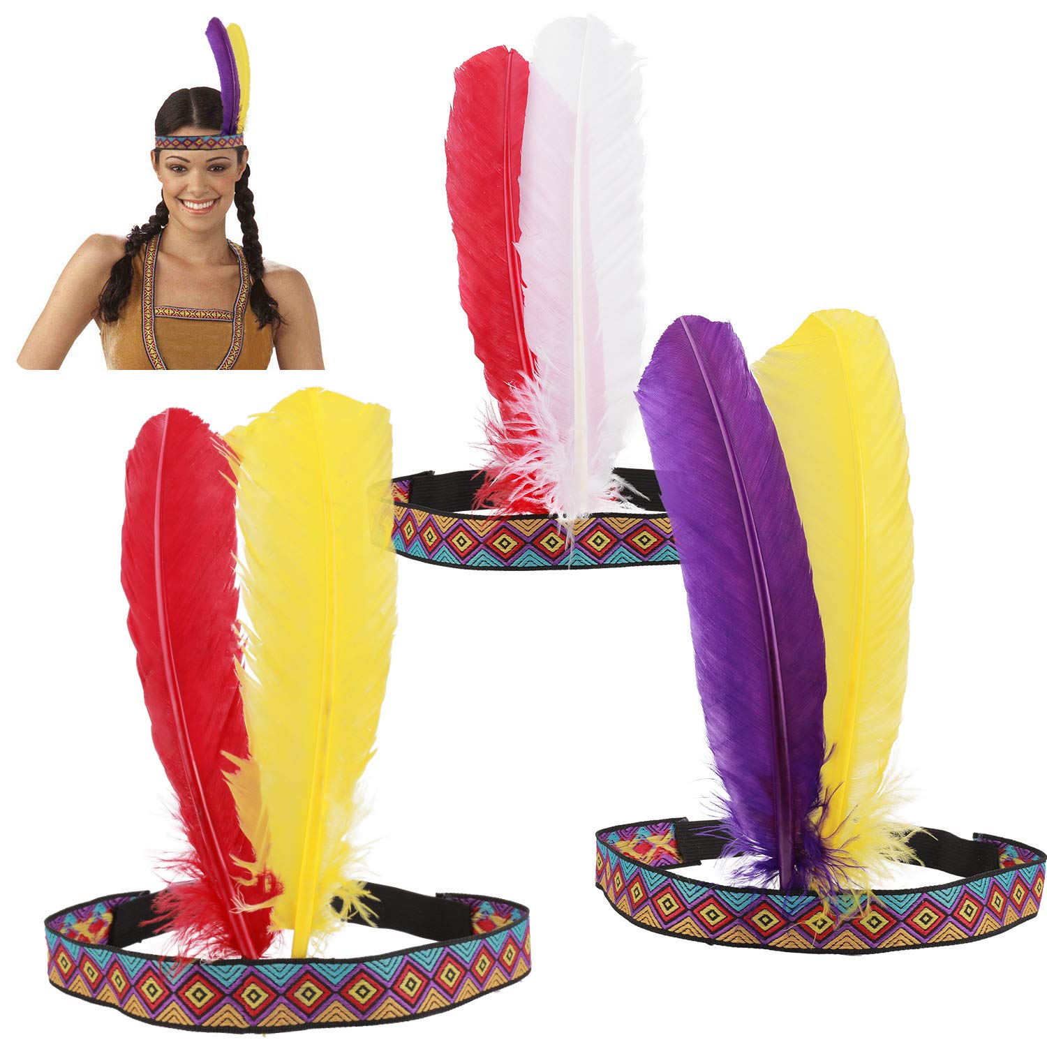 HOWAF 3 Pieces Indian Headband Headdress Native American Feather Headband Carnival Costume Headwear Accessories for Women Girls Men Festival Party Performances