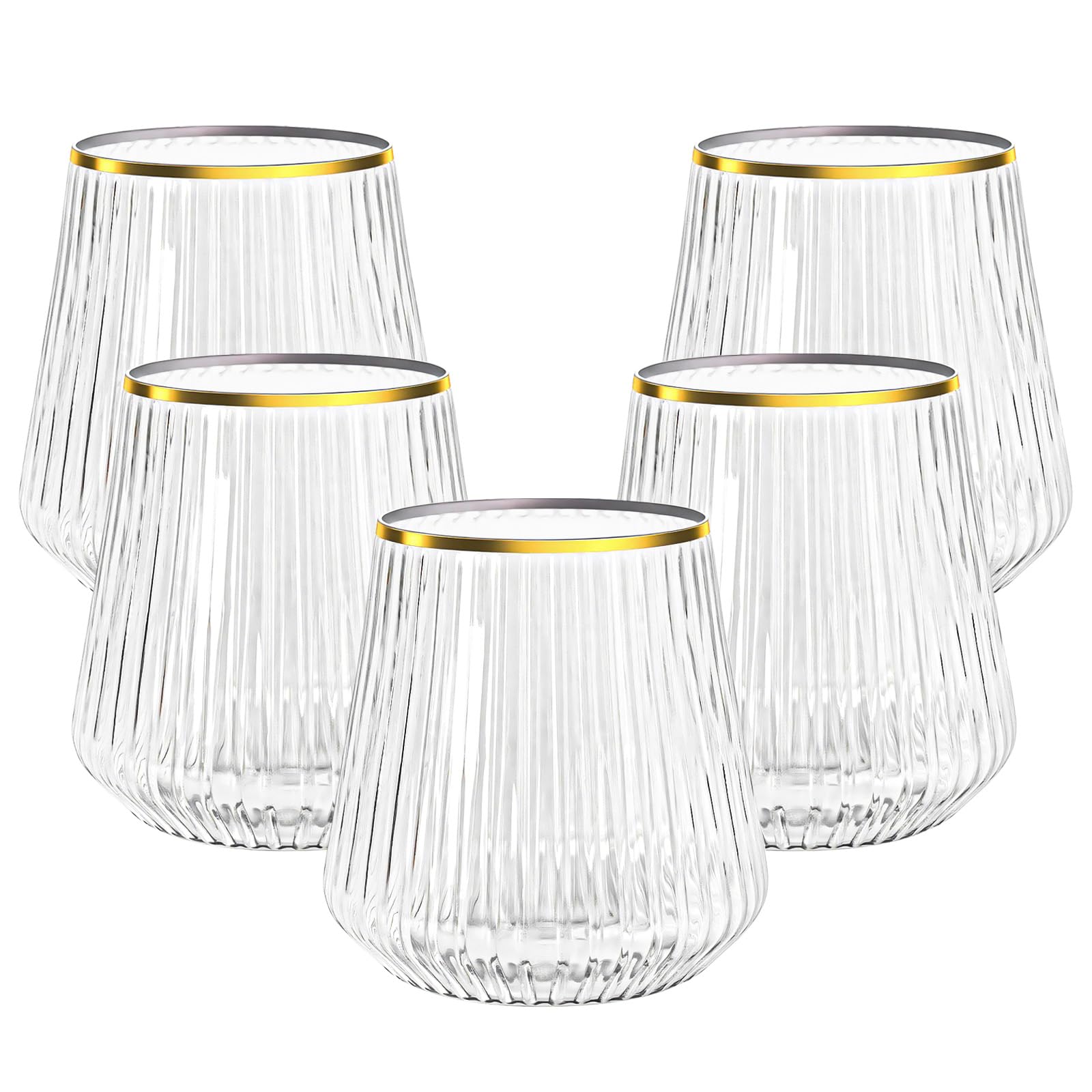 Photo 1 of N9R 24 Count 12oz Clear Plastic Wine Cups with Gold Rim - Elegant Origami Ripple Design, Shatterproof & Disposable for Whiskey, Cocktail, Champagne, Parties, Weddings, Events