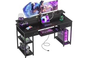 ODK 48 inch Computer Office Desk with USB Charging Port and Keyboard Tray, Writing Desk with 2 Drawers and Monitor Stand, Study Table with CPU Stand and Removable Shelf for Storage, Black