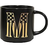 COLLECTIVE HOME - Monogram Ceramic Mug, 15oz Patriotic Letter Tea Cup, Elegant Independence Day Design, Personalized Mug for 4th of July, Ideal Gift for Him, Brother, or Father, Black (M)