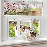 Cat Door for Window &amp; Small Dog, Quick Damage-Free Install, 24"-28" Width Adjustable, All Aluminum Frame, 4-Way Lock, Magnetic Closure Cat Window Door, Extra Window Lock &amp; Sealing Strips (S)
