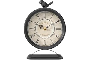 ChimeTide Vintage Table Clock with Bird, European Antique Style Black Mantel Clocks, Desk and Shelf Decor Clock, for Farmhouse, Bedside, Living Room, Bedroom, Gift (9" H x 6.5" W)