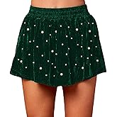 Seyumixi Women Pearls Beaded Shorts Elastic High Waist Velvet Skort Ruffle Short Skater Skirt Bottoms Party Christmas