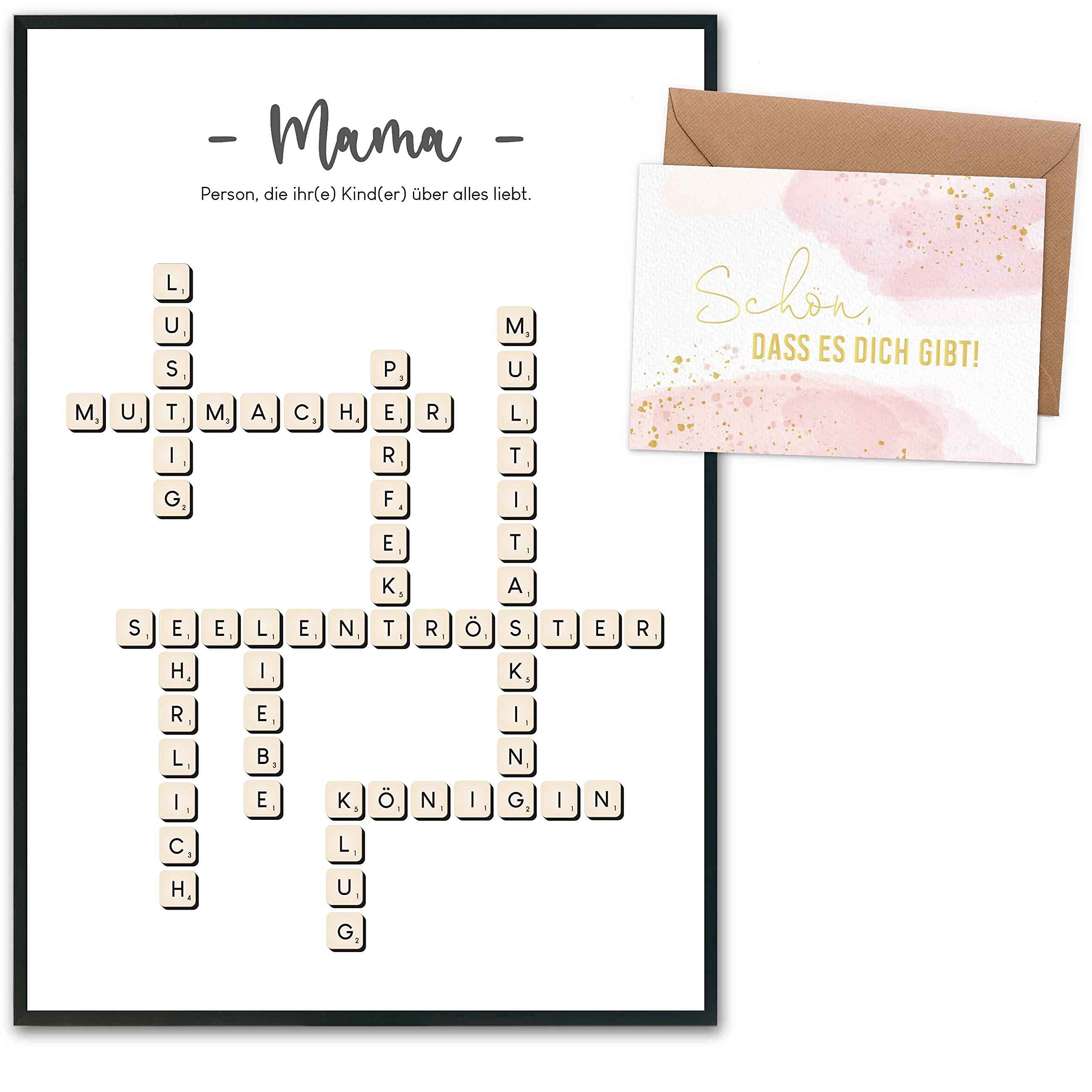 Papierdrachen Mother's Day Gift with Art Print & Gold Foiled Postcard with Envelope and 2 Other Cards - Mother's Day Gift - Design 5 - Scrabble - Without Frame