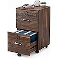 VINGLI 2 Drawer File Cabinet with Lock, Wood Dark Brown File Cabinets for Letter Size File Folders with Tabs, Under Desk Rolling Filing Cabinet for Home Office, Mobile File Organizer Printer Stand