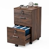 VINGLI 2 Drawer File Cabinet with Lock, Wood Dark Brown File Cabinets for Letter Size File Folders with Tabs, Under Desk Rolling Filing Cabinet for Home Office, Mobile File Organizer Printer Stand