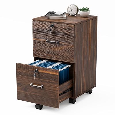 VINGLI 2 Drawer File Cabinet with Lock, Wood Dark Brown File Cabinets for Letter Size File Folders with Tabs, Under Desk Rolling Filing Cabinet for Home Office, Mobile File Organizer Printer Stand