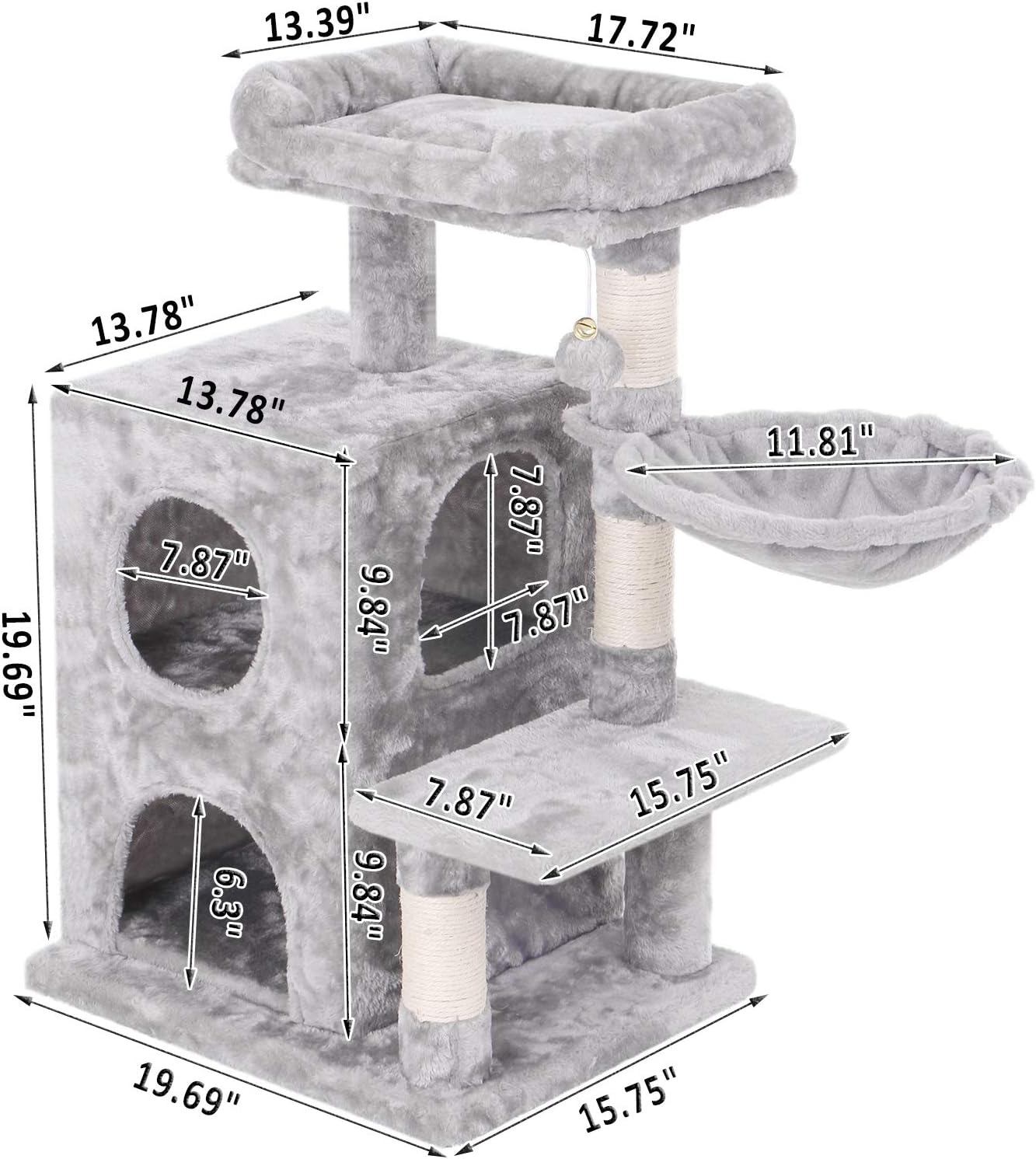 BEWISHOME Cat Tree Condo with Sisal Scratching Posts, Plush Perch, Dual Houses and Basket, Cat Tower Furniture Kitty Activity Center Kitten Play House, Light Grey MMJ06L : Pet Supplies