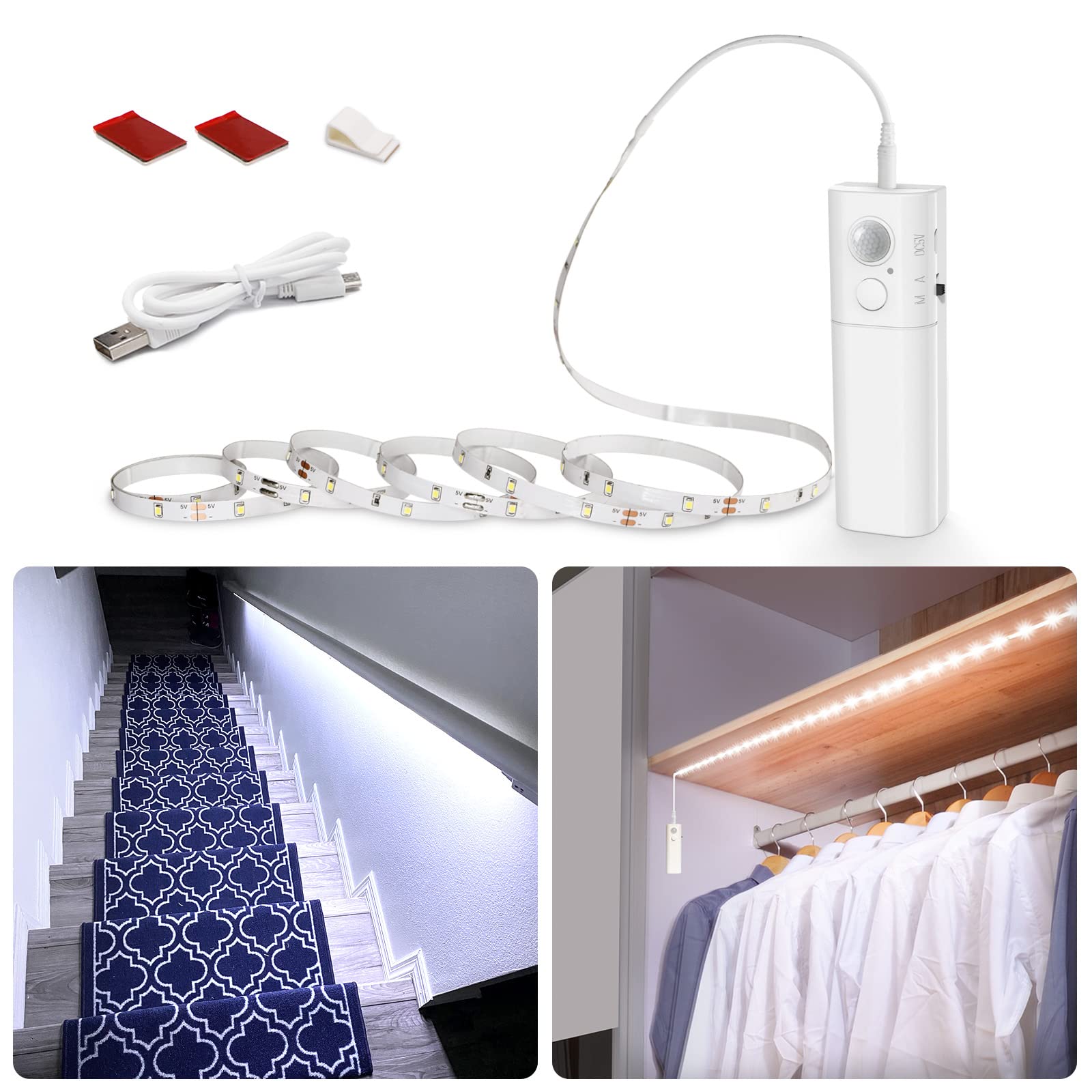 Photo 1 of WOBANE LED Closet Light Motion Activated, Battery Powered LED Strip, Stick-on Anywhere Homelife Motion Sensor LED Lighting, Rechargeable Night Light for Closet Hallway Stairway 6.56ft, 6000K White