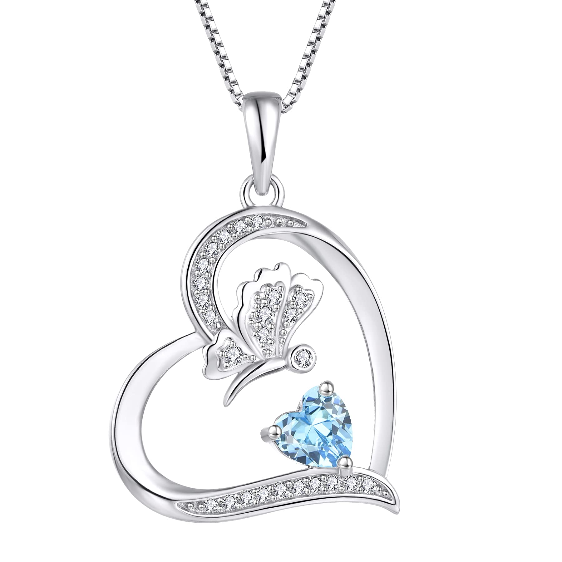 FJ Love Heart Butterfly Necklace 925 Sterling Silver Aquamarine Necklace March Birthstone Pendant Jewellery for Women