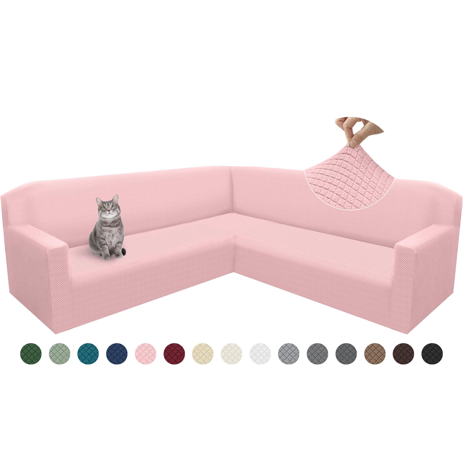Photo 1 of Arfntevss L Shape Sectional Sofa Covers Corner Sectional Couch Cover for Dog Pet Cat Stretch Fitted U Shaped Sofa Slipcovers Soft Washable Thickened Jacquard Fleece Furniture Protector (Pink, Large)