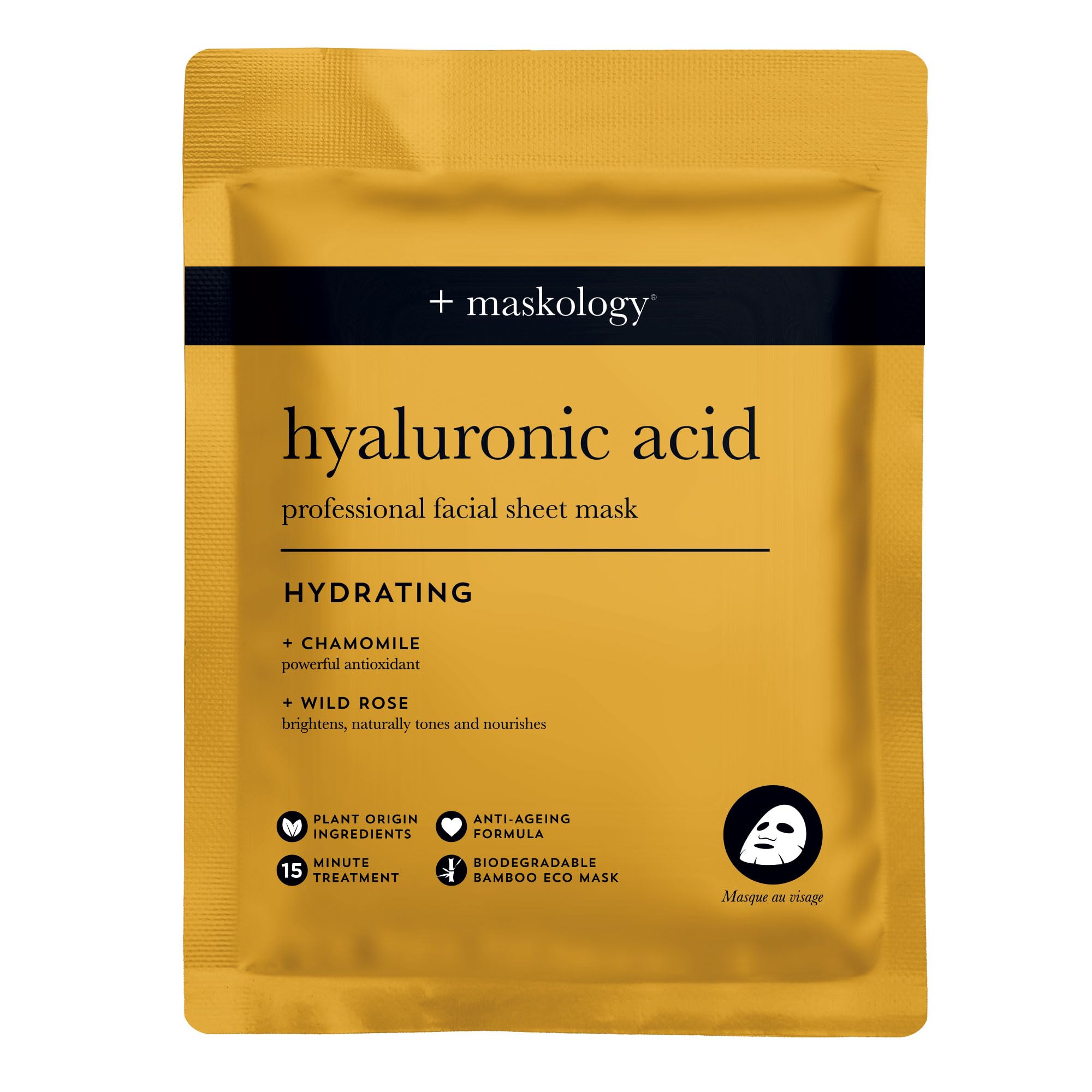 MASKOLOGY HYALURONIC ACID Professional Face Sheet Mask Pack of 1 | Anti Aging Face Mask | Hydrating Face Masks Skincare | Chamomile & Wild Rose | 100% Plant Based |