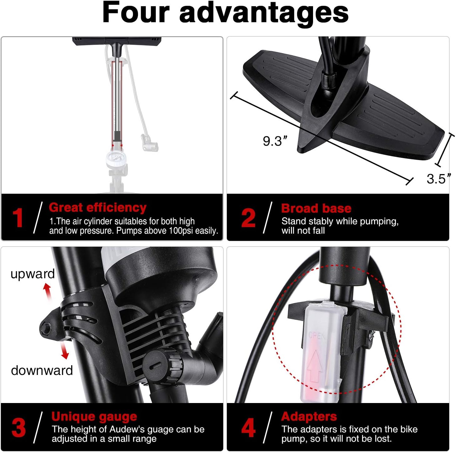 Audew Bike Floor Pump with Gauge - 230Psi Presta/Dunlop and Schrader Dual Valves Bicycle Tire Pump - Steel Structure Floor Pump for Bike, Including Glueless Puncture Kit, Inflating adapters : Sports & Outdoors