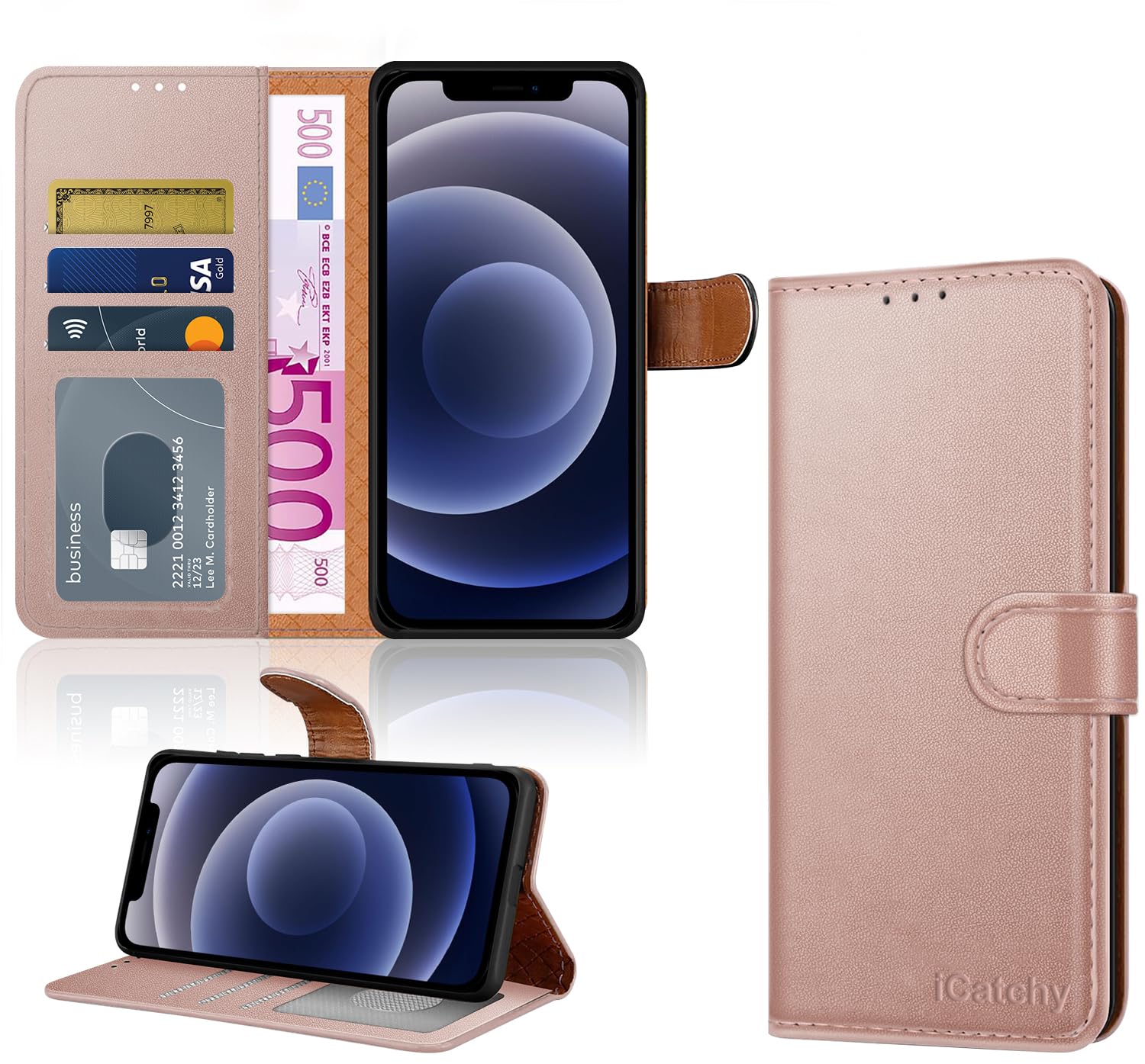 iCatchy for iPhone 12 Case/iPhone 12 Pro case Leather Wallet Book Flip Folio Stand View Case Compatible with iPhone 12 / iPhone 12 Pro (6.1'') Phone Cover (Rose Gold)