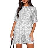 MIYIEONZ Women's Crew Neck Sequin Dress for Women Sexy V Neck Shirt Dress Sparkly Half Sleeve Loose Party Club Cocktail Dress