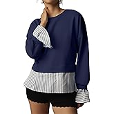 Dsewpaur Striped Trim Twofer Sweatshirt For Women Crew Neck Long Sleeve Patchwork Pullover Sweater Outfits Navy