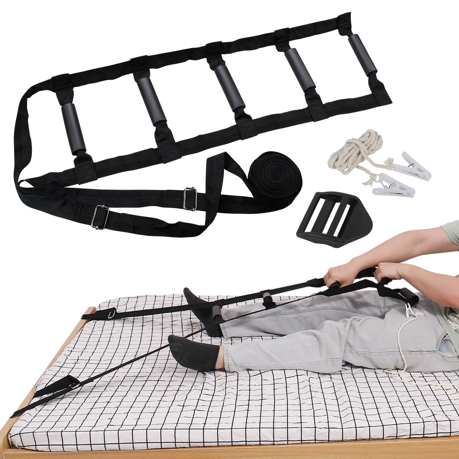 Photo 1 of Bed Ladder Assist 160 Inch, Munzong Black Pull Up& Sit Up Assist Device, Assistive Bedside Straps w/ 5 Handle, Portable Rope Beds Ladder Helper for Elderly Senior Injury Handicap Patient Pregnant(4 m)