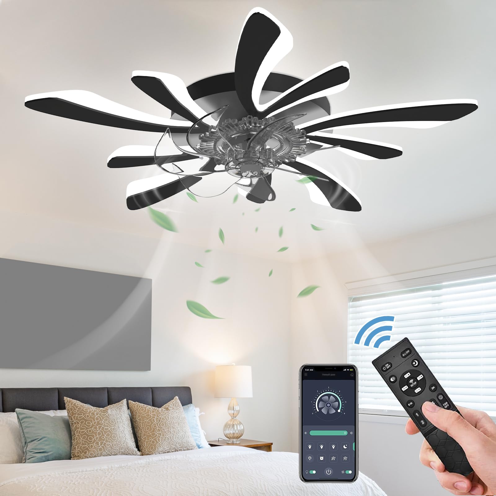 Photo 1 of GooComfy Dimmable Ceiling Fan with Light and Remote Control, 31" Small Flush Mounted Ceiling Fan with Led Lights, APP and Remote Controlled, Modern, Black, Upgraded