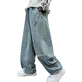 Adigau Boys Baggy Jeans Straight Leg Cotton Denim Pants with Pockets Elastic Waist Loose Fit Casual Trousers 5-14 Years