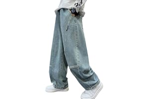 Adigau Boys Baggy Jeans Straight Leg Cotton Denim Pants with Pockets Elastic Waist Loose Fit Casual Trousers 5-14 Years