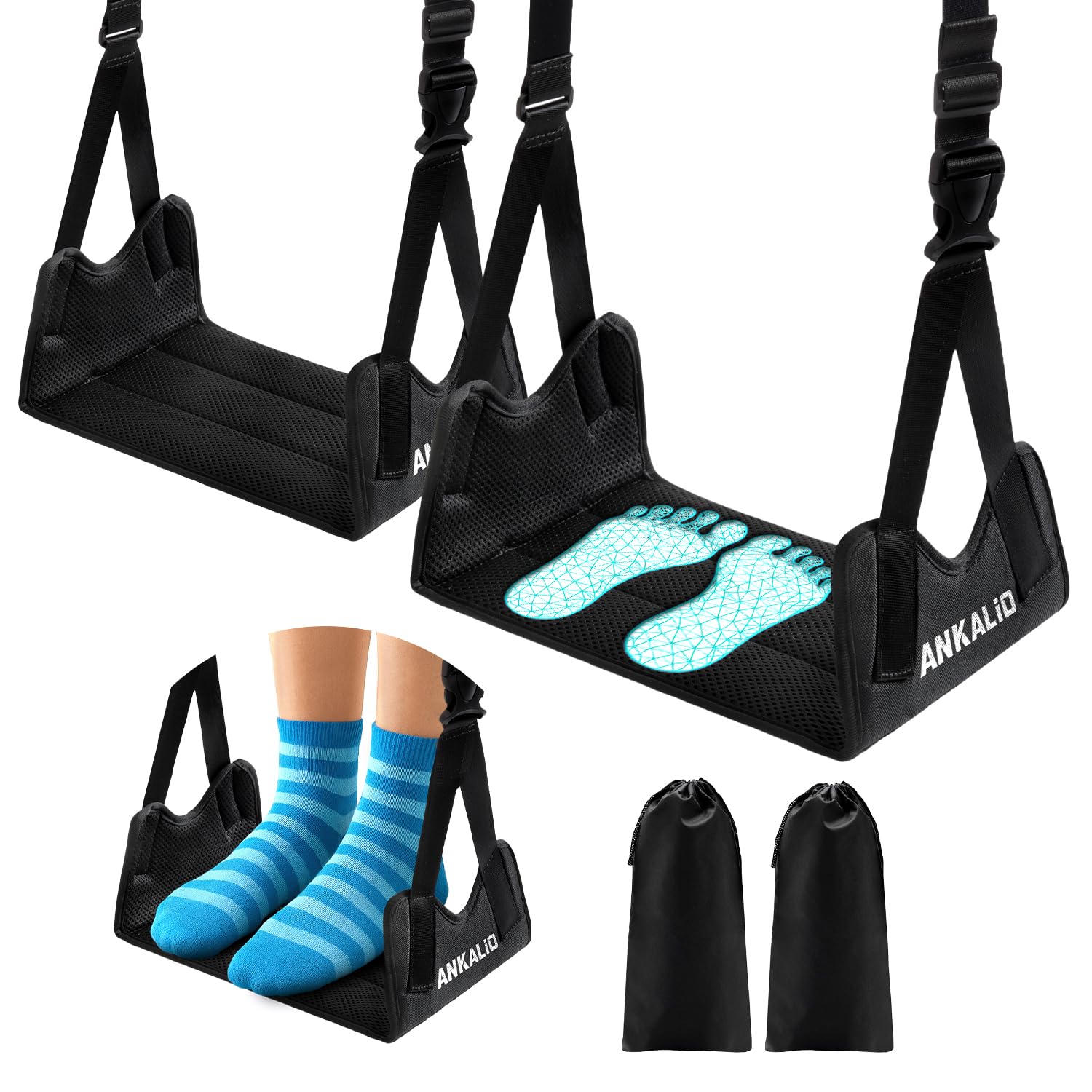 Photo 1 of 2 Pack No-Collapse Airplane Foot Hammock–Adjustable Foot Hammock for Plane Travel with Thick Bamboo Base, Lightweight Travel Footrest for Office, Flights(Black)