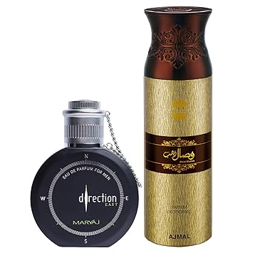 Maryaj Direction East Eau De Parfum Citrus Spicy Perfume 100ml for Men and Ajmal Wisal Dhahab Deodorant Fruity Floral Fragrance 200ml for Men + 2 Parfum Testers FREE