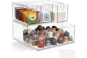 Tea and Coffee Organizer and Storage, Large Tea Bag Holder Organizer with Drawer, Plastic Drink Packets Storage for Cabinet, 