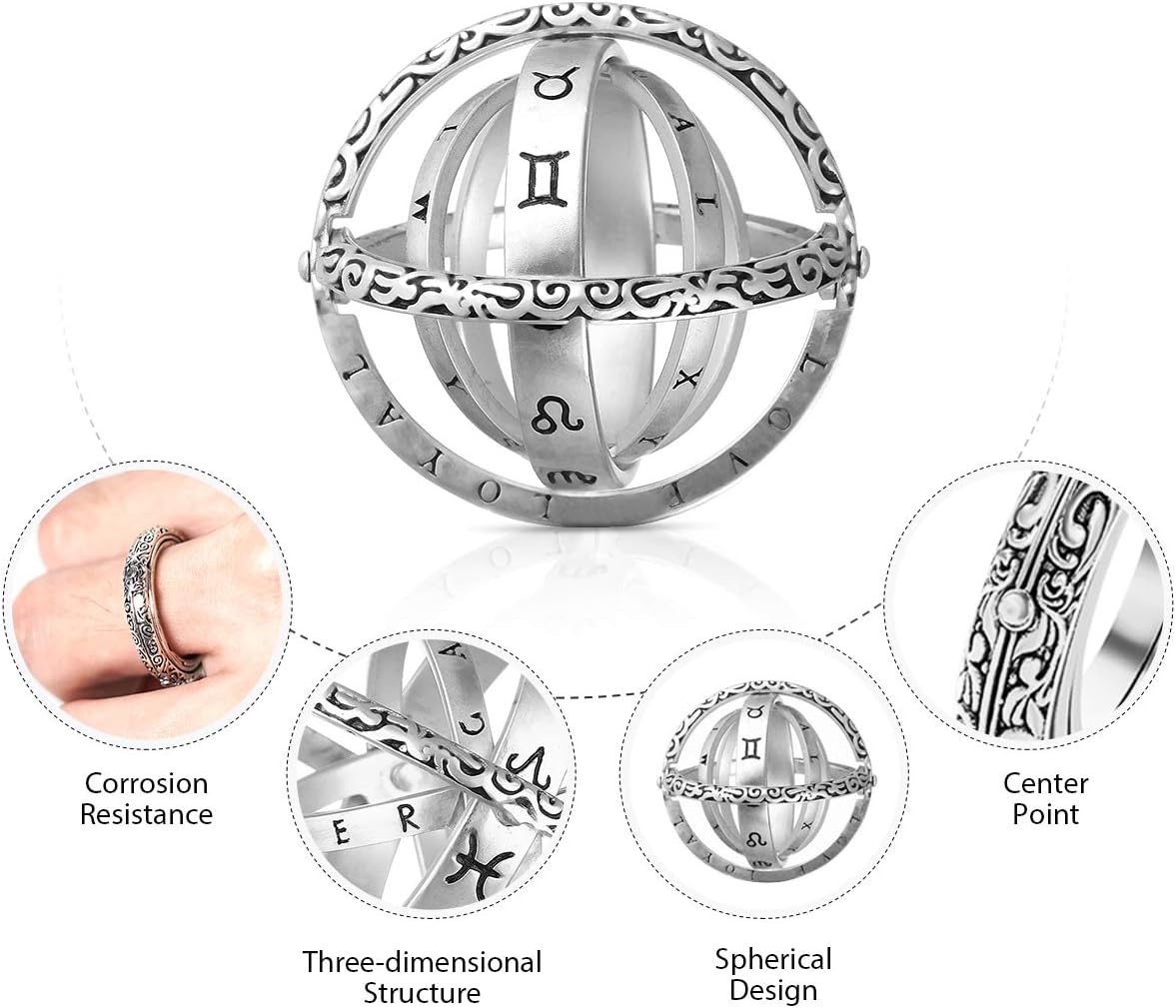 GEMITTO Astronomical Finger Ring, Gemma's, Retro Vintage Globe Universe Ball Ring, Sphere Finger Ring Flips to Change into Cosmic Ball, Special Lettering Silver with Silver Cover #8